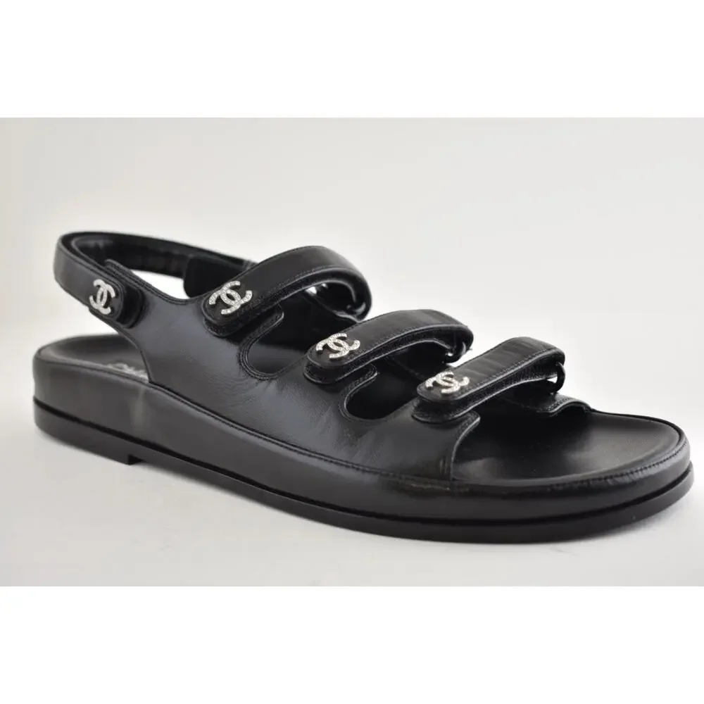 Chanel 24S Black Leather Triple Strap CC Logo Mule Slide Teva Dad Sandal Flat 41